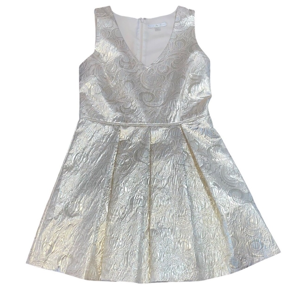 Boston Proper New Jacquard Metallic Pleated V-Neck A-Line Dress Size 14 Holidays